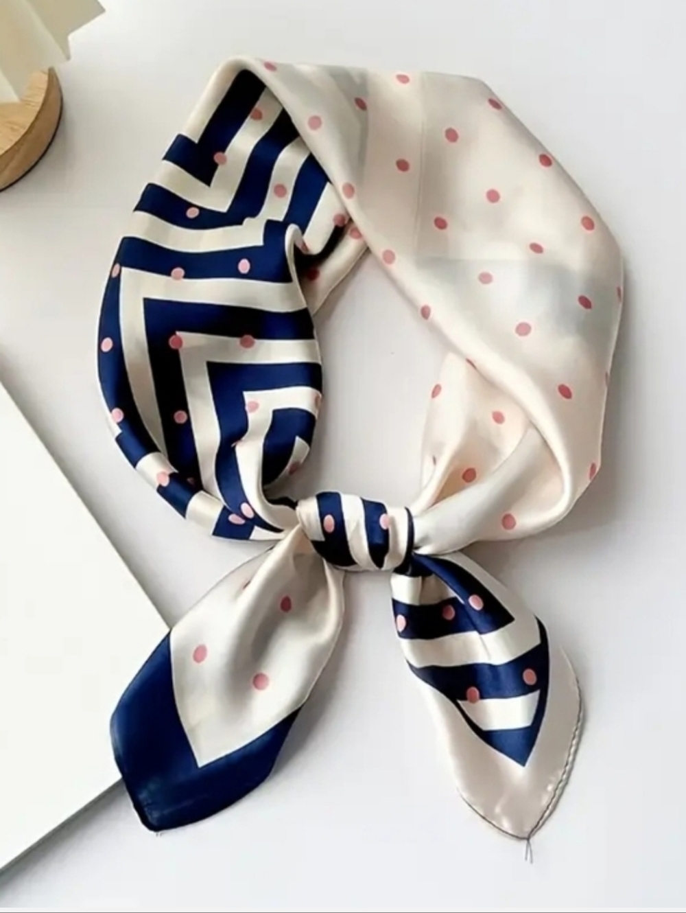 Silk- Feel  Polka Dot Silk Scarf - Navy, White & Pink Head Scarf , Neck Scarf